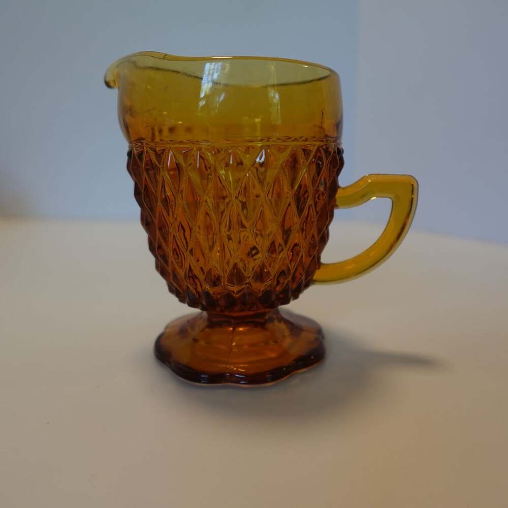 VTG Indiana Glass Amber Diamond Point Pedestal Creamer Pitcher